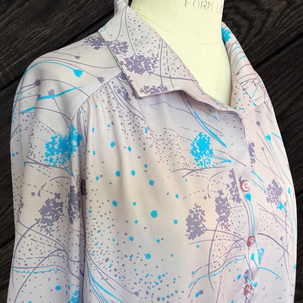 Vintage Lady Koko Purple Blue Floral Satin Blouse Women's Large 70s Grannycore - Picture 5 of 8